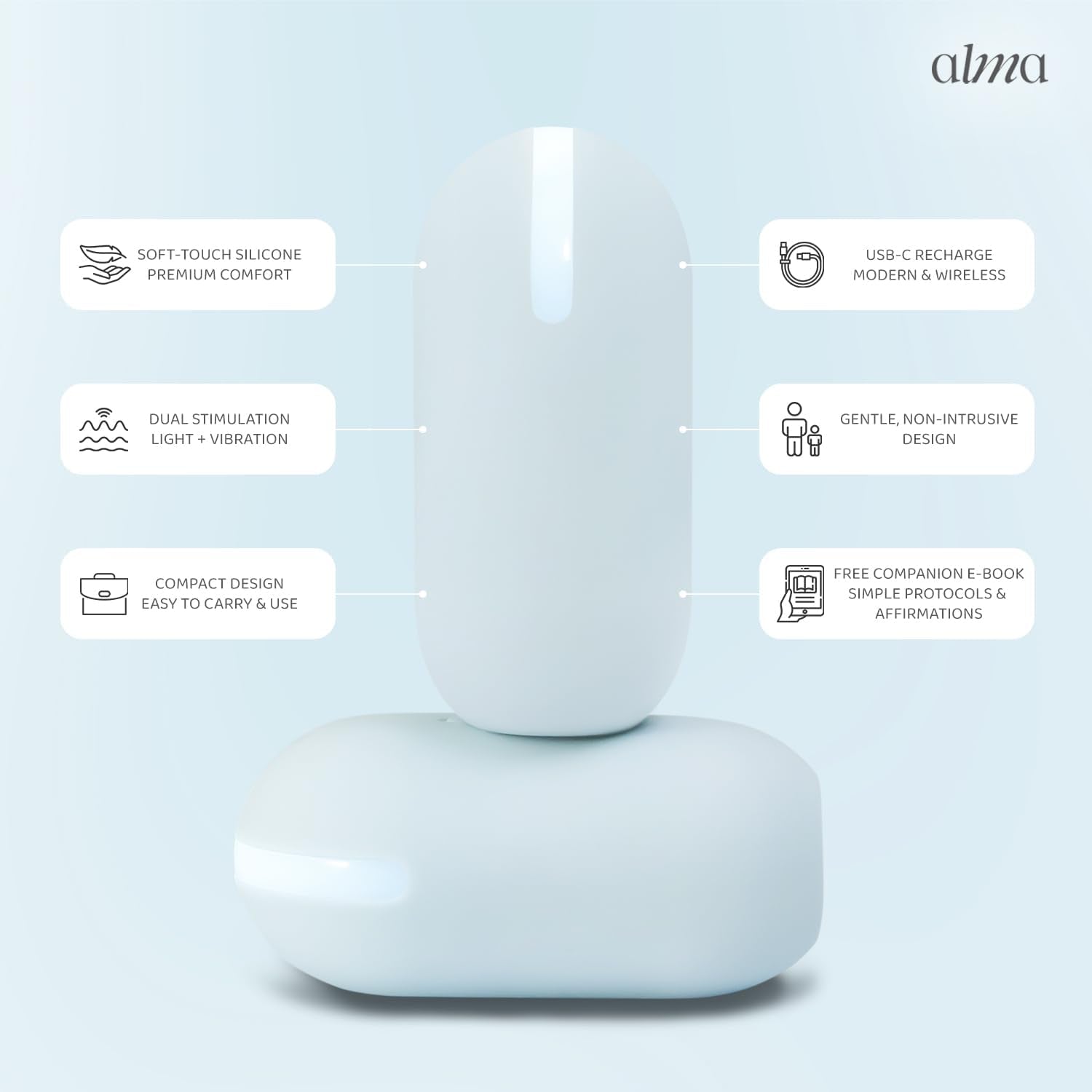 EMDR Tappers by Alma – Bilateral Stimulation Devices & EMDR Equipment | for Therapists & Self-Emdr at Home · IPX7 Waterproof · Soft Silicone · EMDR Ebook + Protocol · up to 3H Battery · Wireless