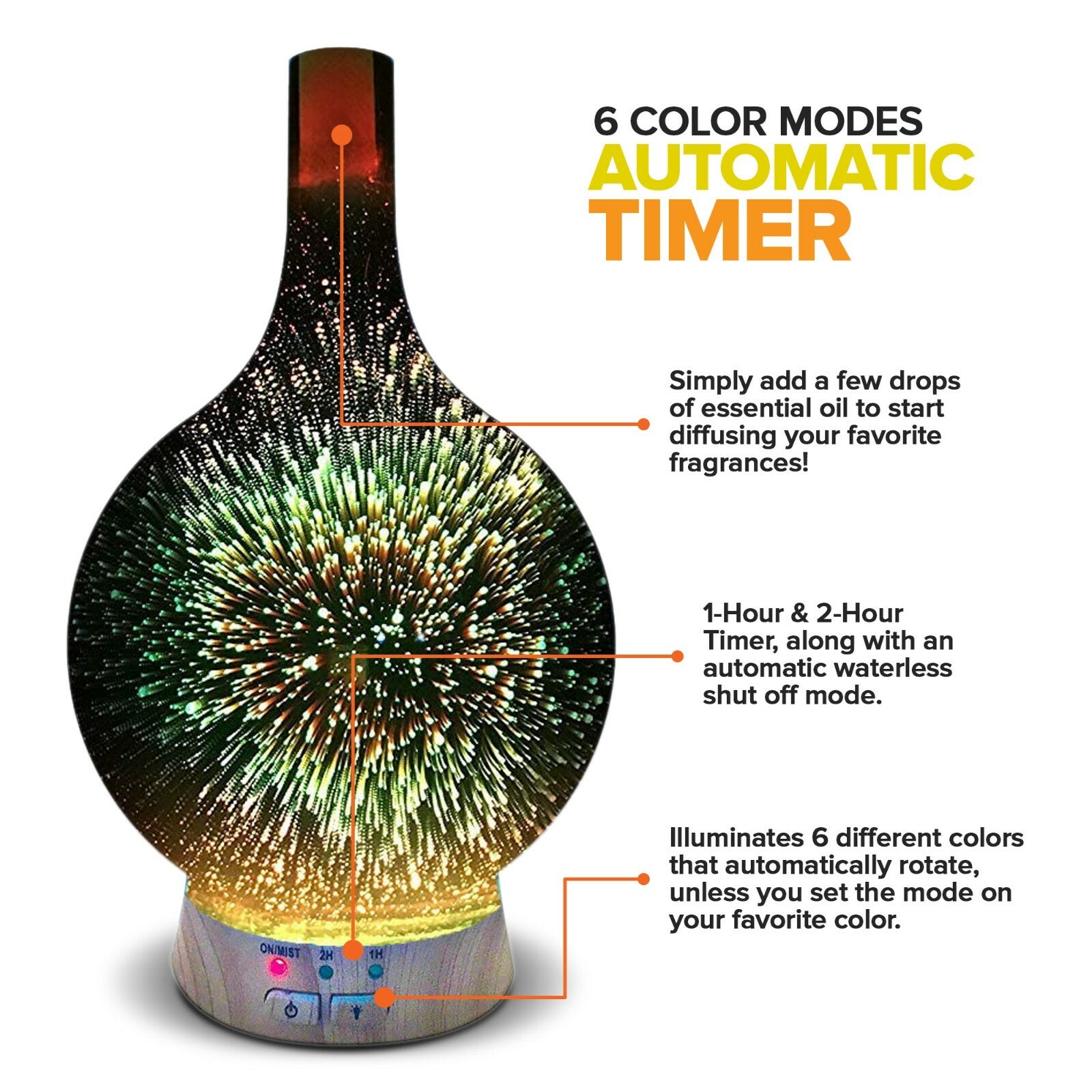 Ingeniuso Essential Oil Diffuser Glass 3D W 6 Changing Colors + 6 Essential Oils