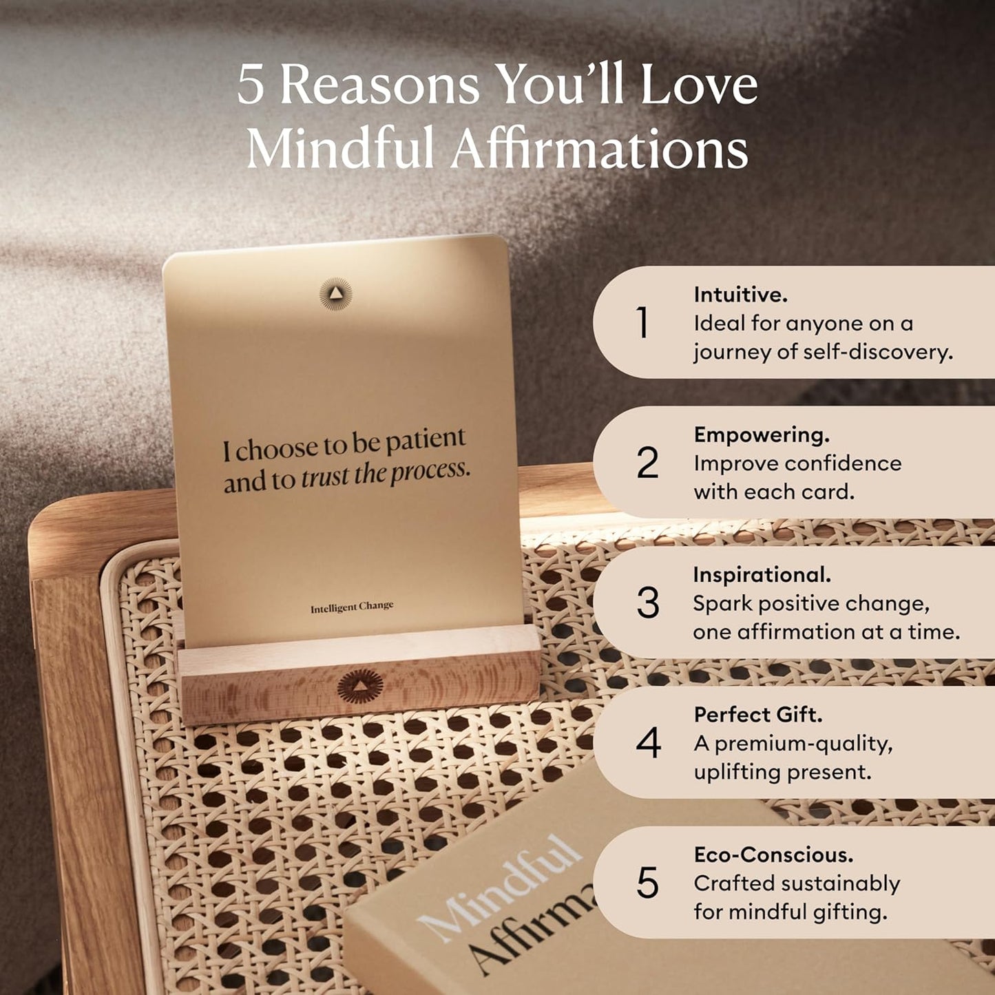 Mindful Affirmations, 52 Positive Affirmation Cards for Women with Display Stand, Daily Affirmations for Inspiration, Mindfulness & Self Care, Unique Gifts for Women and Men