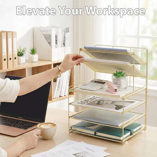 Desk Organizer, 6-Tier Letter Tray Paper Organizer, Desktop File Organizer, Office Desk Accessories & Office Decor for Women, Workspace Organizer for Office Supplies(Gold)
