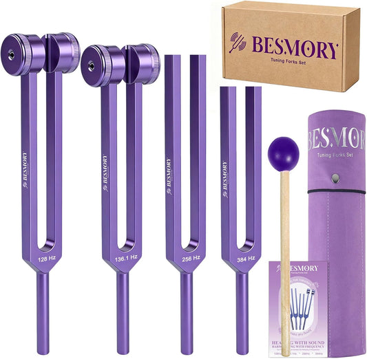 Tuning Forks for Healing Set (128Hz, 136Hz, 256Hz, 384Hz), Purple | Weighted and Unweighted Tuning Fork, Sound Healing for Meditation, Yoga, Chakra Balancing, with Reflex Hammer & Velvet Pouch