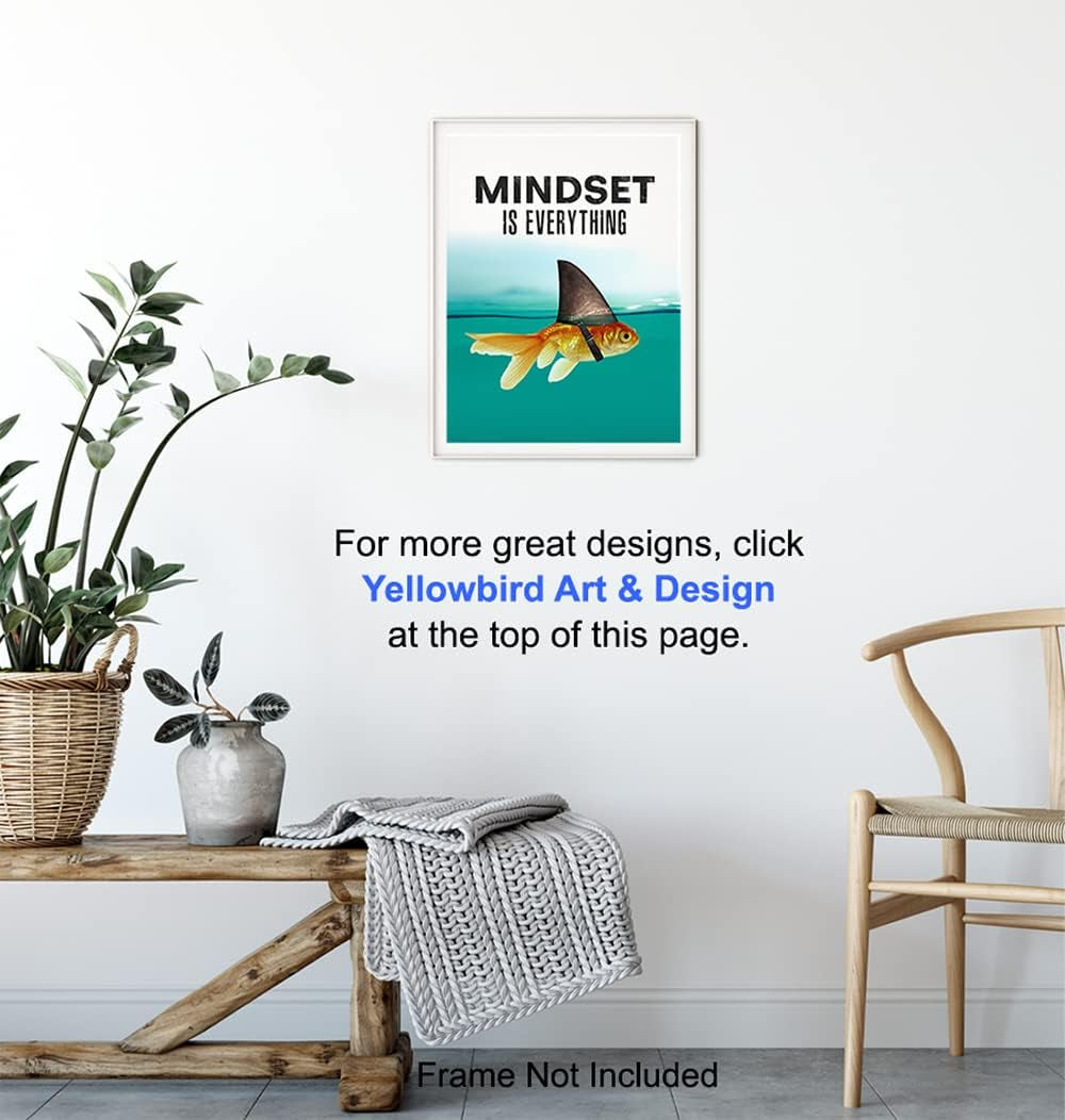 Mindset Is Everything - Motivational Wall Art Poster for Home, Office - Gift for Entrepreneur, Student, Men, Teens - Inspirational Decor - Uplifting Self-Improvement Positive Quote - Shark Goldfish