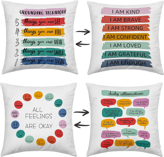 Inspirational Grounding Technique All Feelings Are Okay Reversible Throw Pillow Covers 18X18 in Set of 2,Home Mental Health Therapist Office Decorative Cushion Covers, Therapist Gifts for Women