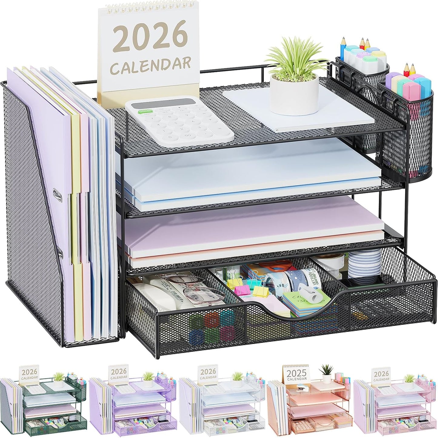 Desk Organizers and Accessories with File Holder, 4-Tier Desk Accessories & Workspace Organizers with Drawer and 2 Pen Holder, Paper Organizer for Office Supplies (Rose Gold)