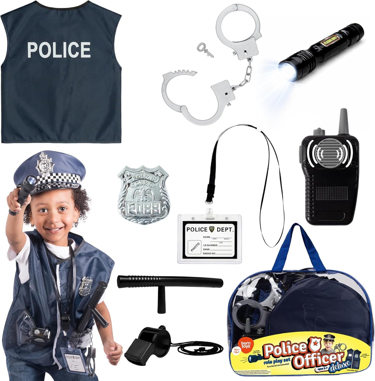 6-In-1 Toddler Dress up Clothes for Boys & Girls Ages 3-7, Police, Firefighter, Doctor, Chef, Gardener & Explorer with Storage Box, Washable Pretend Play Costumes for Kids, Gift Ready Set