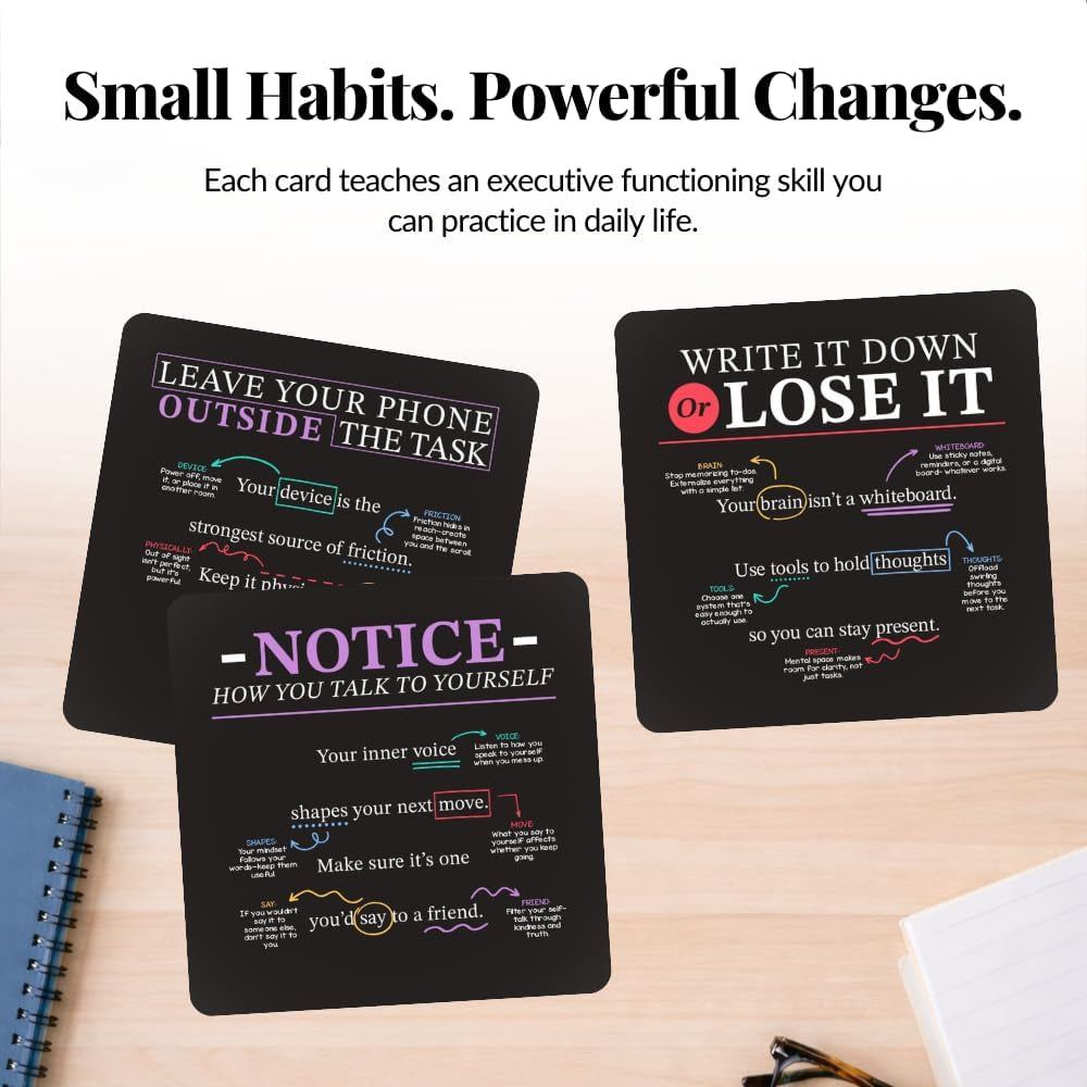 Executive Functioning Mindset Cards – 52 Daily Habit Cards for Focus, Organization & Follow through – for Kids, Teens & Adults – Includes Wooden Display Stand – Gift for Teachers & Parents
