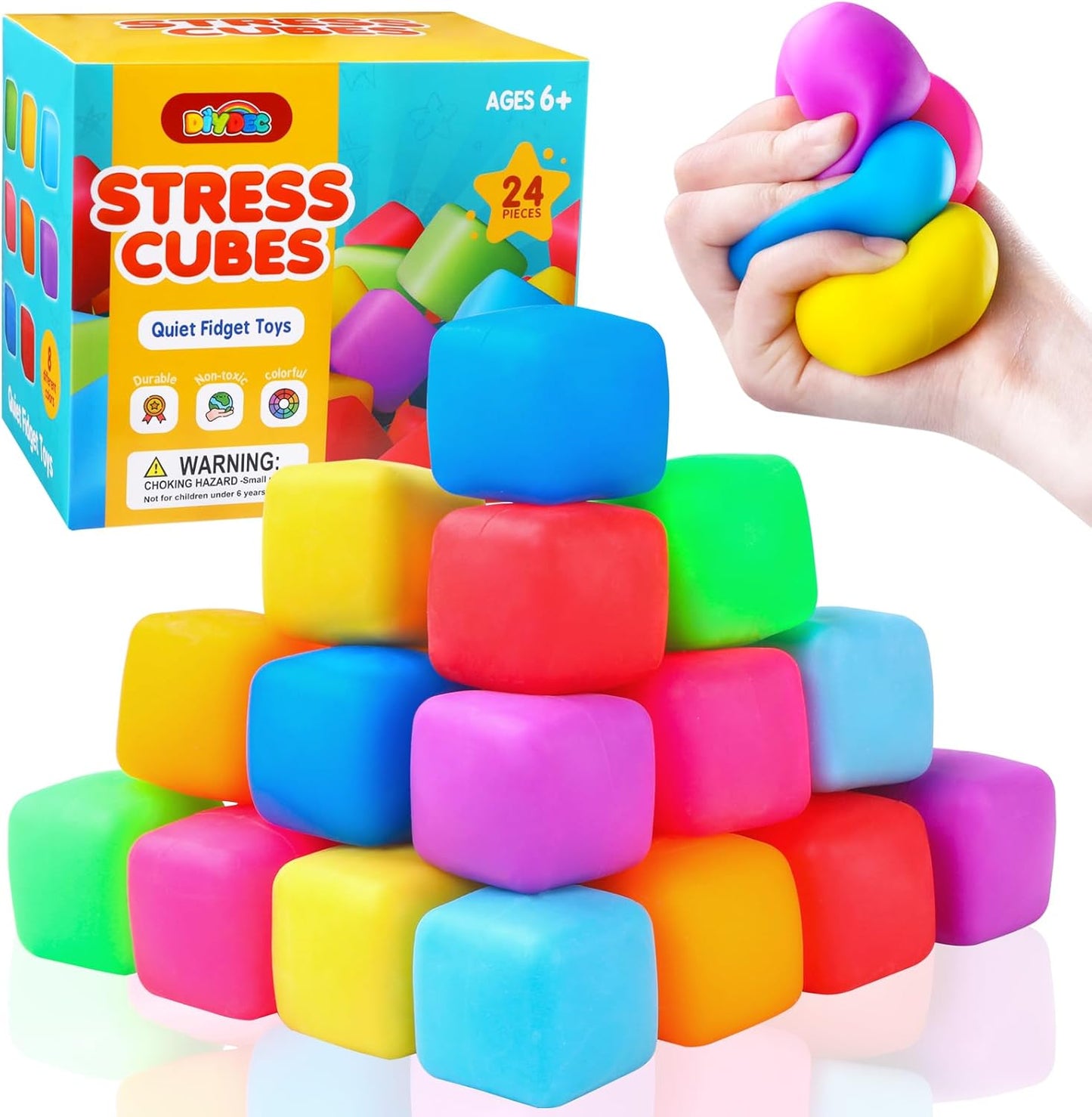 24 Pcs Stress Cube Toys 8 Colors Slow Rising Stress Balls for Kids Classroom Prizes Goodie Bags Squeeze Stretch Fidget Balls for Party Favors Adults Stress Relief