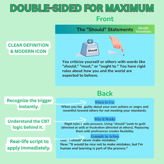 CBT Cards for Adults & Teens - 24 Cognitive Behavioral Therapy Flashcards for Anxiety, Depression & Stress Relief - Double-Sided Mental Health Coping Skills Tools with Portable Ring