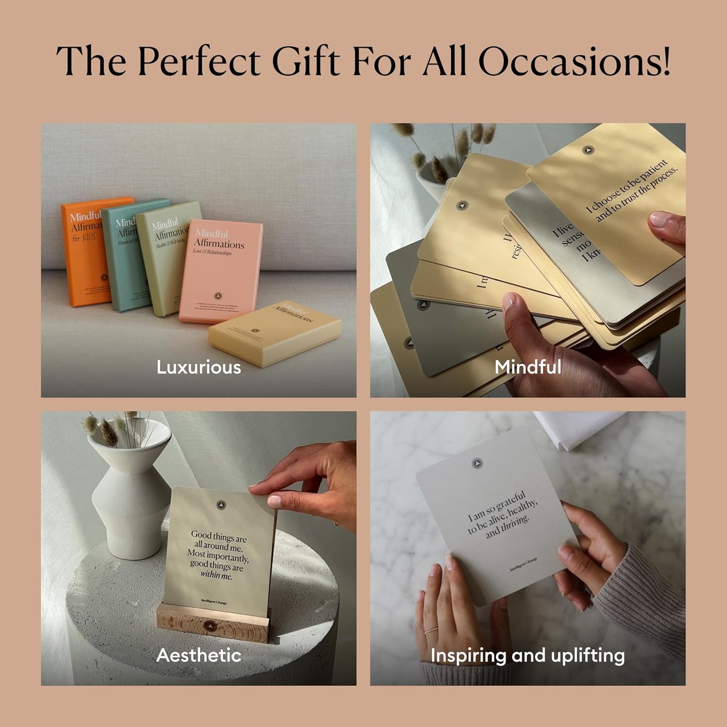 Mindful Affirmations, 52 Positive Affirmation Cards for Women with Display Stand, Daily Affirmations for Inspiration, Mindfulness & Self Care, Unique Gifts for Women and Men