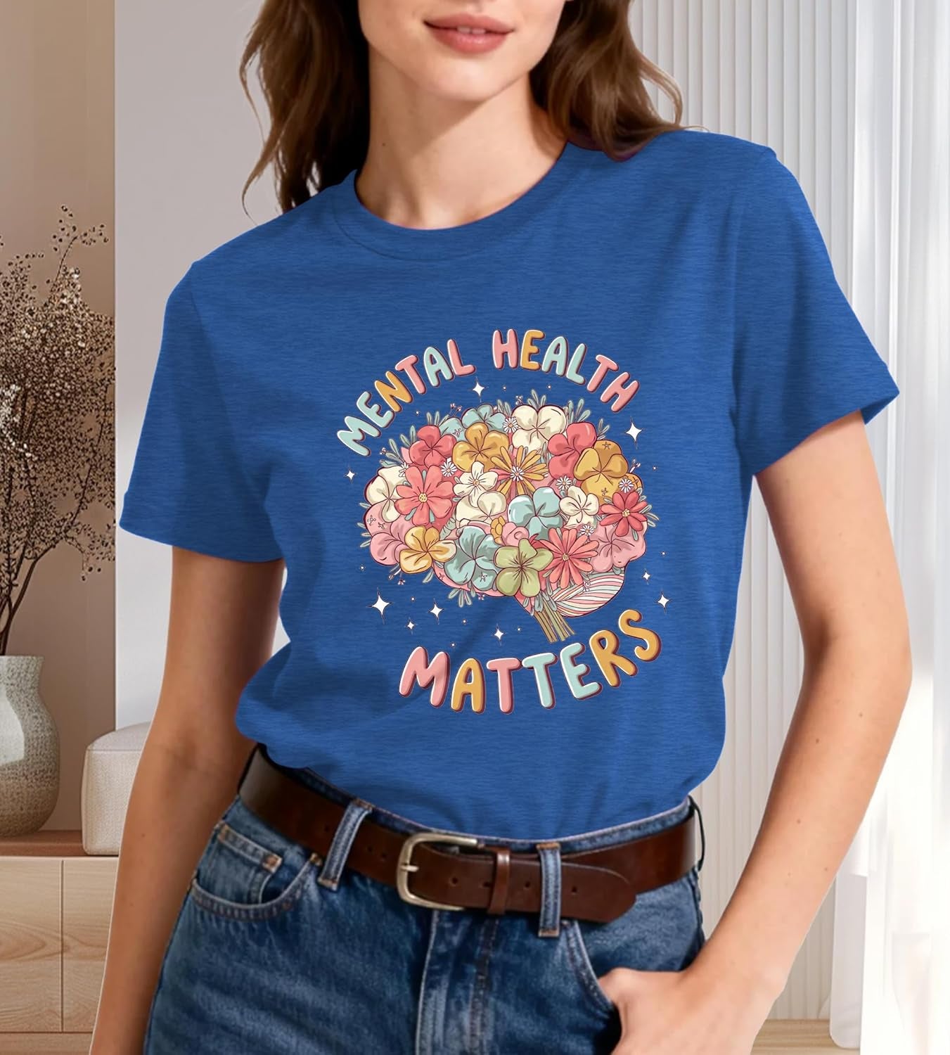 Mental Health Awareness Shirt Women-Brain Flower Tshirt Women Neuro Diversity Tee Tops Motivational Short Sleeve