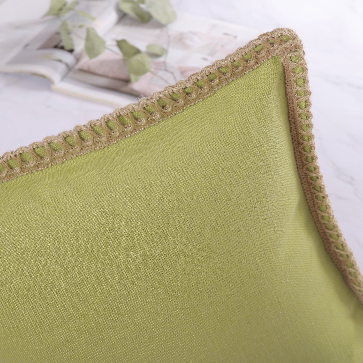 Linen Trimmed Farmhouse Series Decorative Throw Pillow, 22" X 22", Water Green, 1 Pack