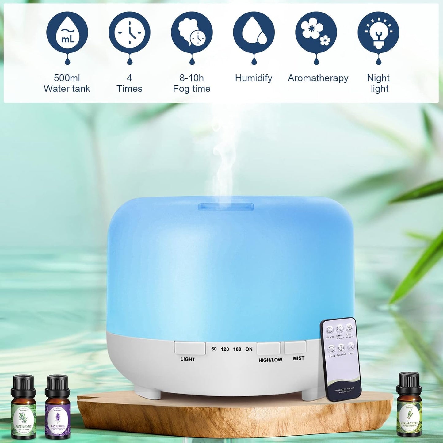 Aromatherapy Essential Oil Diffuser for Room: 500Ml Aroma Air Humidifier Remote Control for Home Large & Small Rooms-Ultrasonic Cool Mist Diffusers Oils Vaporizer with Light,Light White