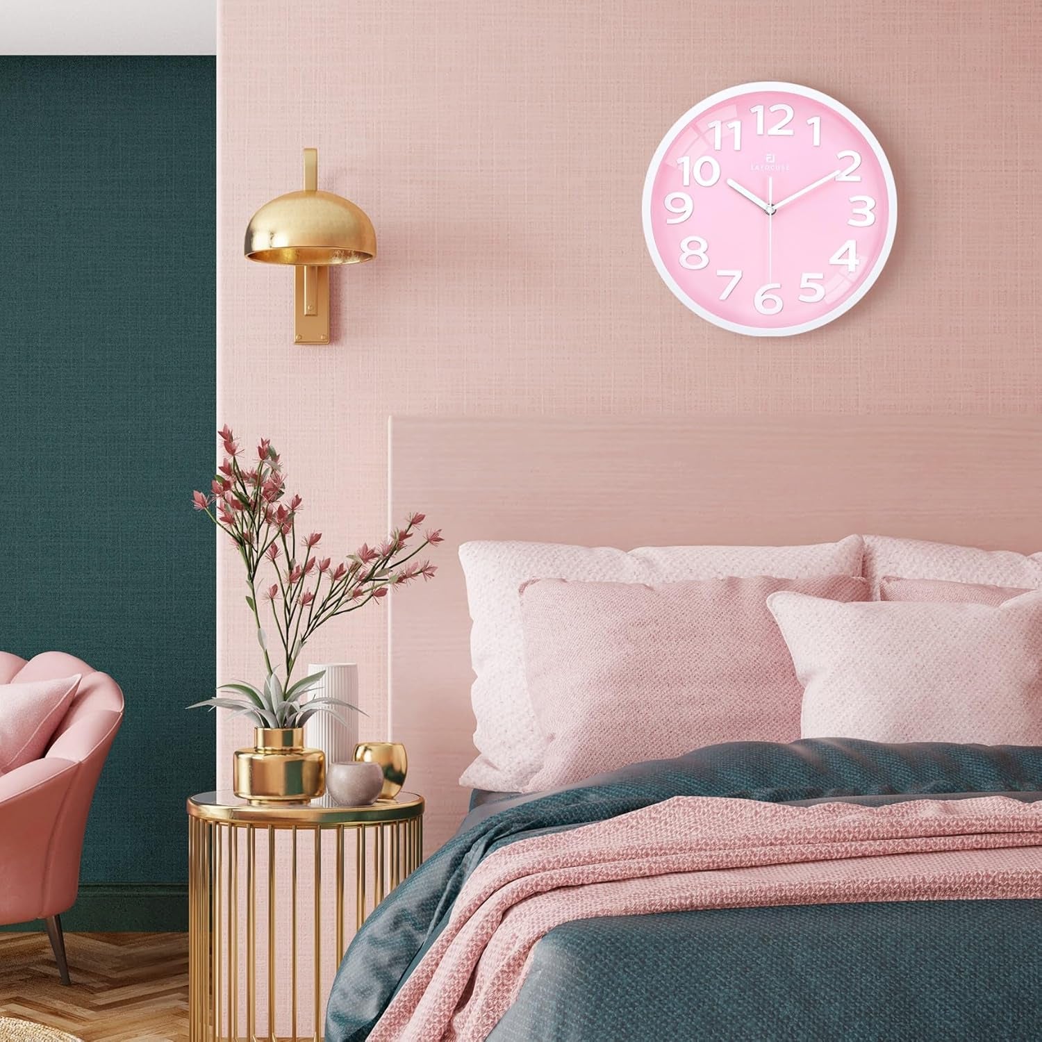 12 Inch Silent 3D Numbers Pink Wall Clock Girls Bedroom, Battery Operated Pink Clock Wall for Living Room Decor