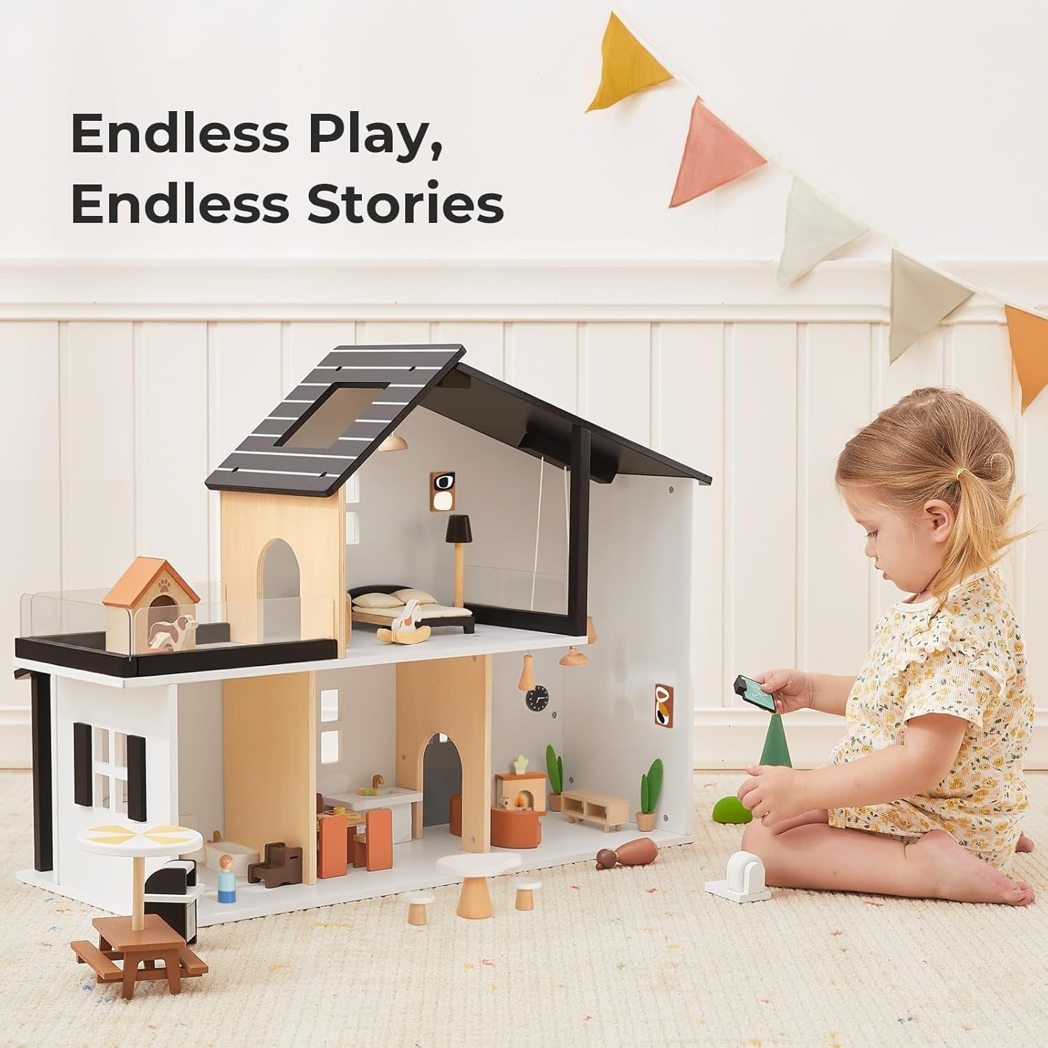 Wooden Dollhouse, Modern Doll House with 66Pcs Luxurious Furniture Accessories, Including Dolls and Pet Sets, Wood Dollhouse Toy for Boys and Girls 3+
