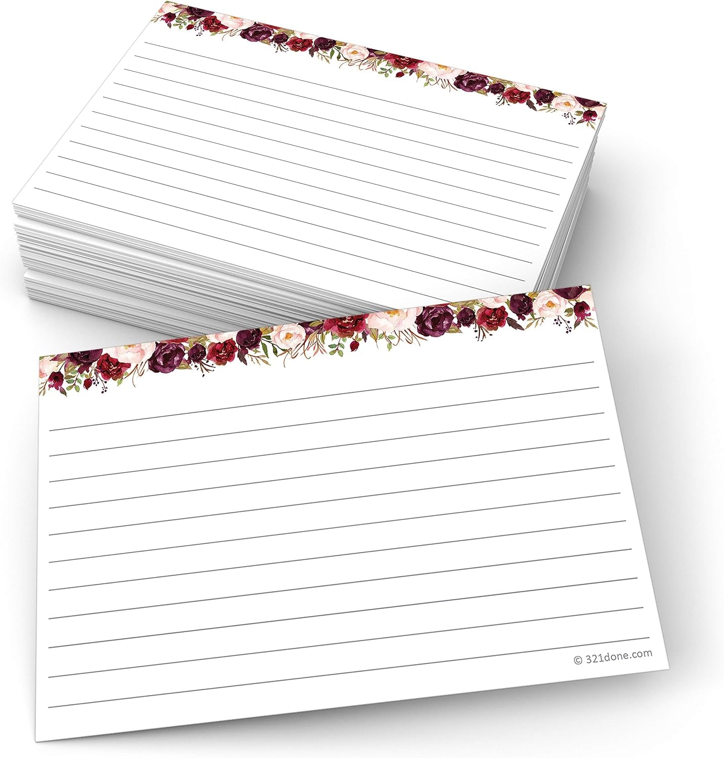 Ruled Note Cards, Floral 4X6 Thick Index Cards - Plain White Card Stock, Notecards & Stationery with Lines for Writing, Stamping - Made in USA, Set of 50 - No Envelopes