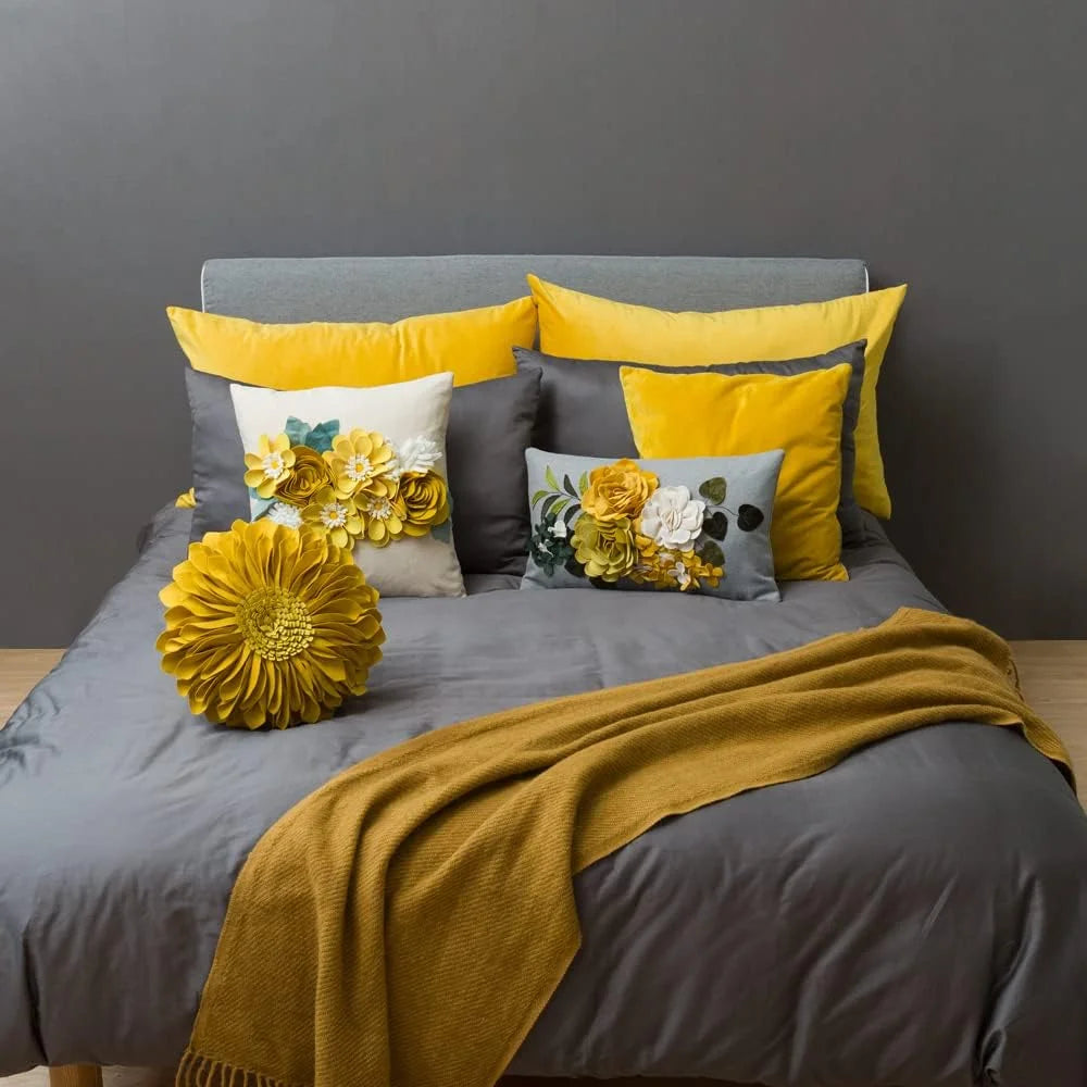 3D Handmade Yellow Decorative Flower Accent Throw Pillow Covers in Square 18X18 Inch