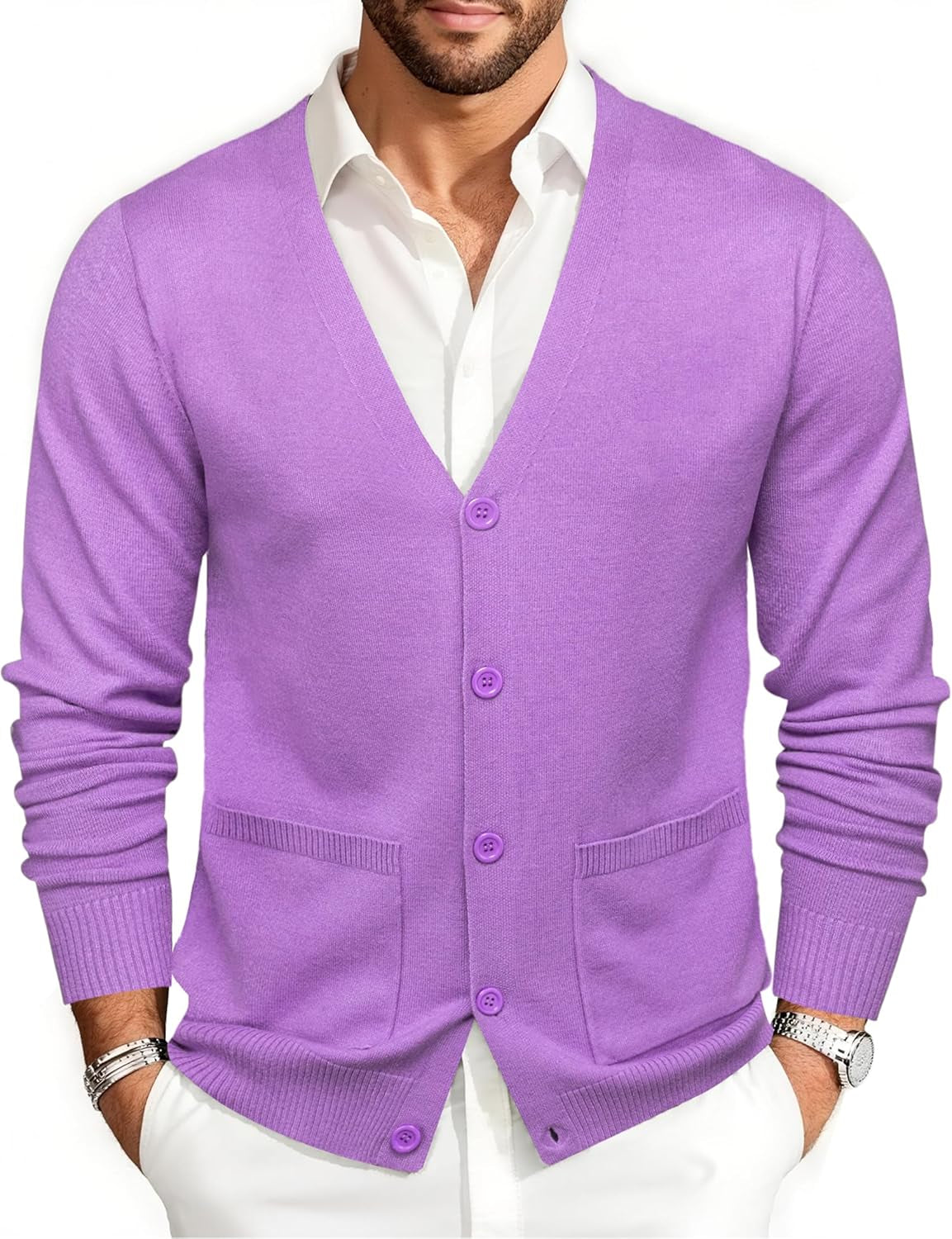 Mens Cardigan Sweater Long Sleeve Casual V Neck Solid Knitwear Cardigans with Pockets Business Weekend