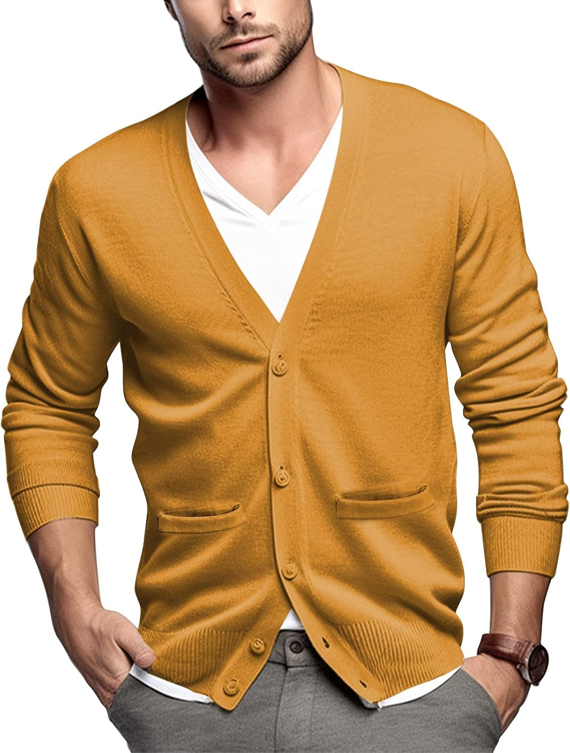 Men'S Cardigan 100% Cotton Sweater V-Neck Button down Knitted Outerwear with Pockets Fashion 2026