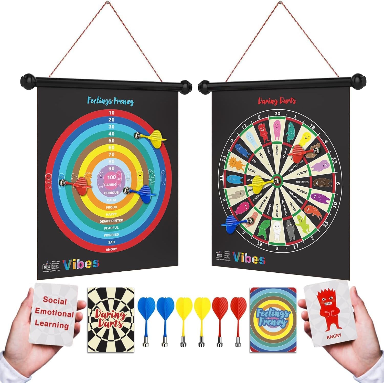 Vibes Therapy Games for Teens & Kids 6+ | 2-In-1 Feelings Dartboard Games | CBT Social Emotional Games | Anger Management Tool for Emotional Regulation & Social Skills | for Professionals & Families